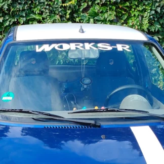 WORKS-R banner on the front windshield of a Fiat Seicento